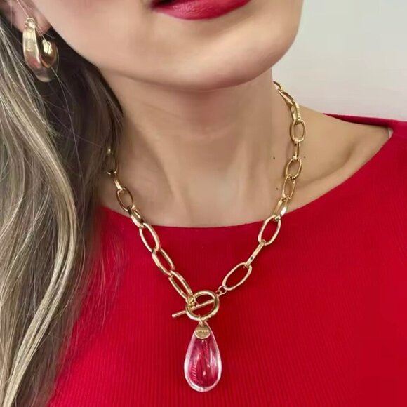 New Chunky Chain Necklace Cleat Crystal Pendant Toggle Clasp 18K Plated - Picture 4 of 9